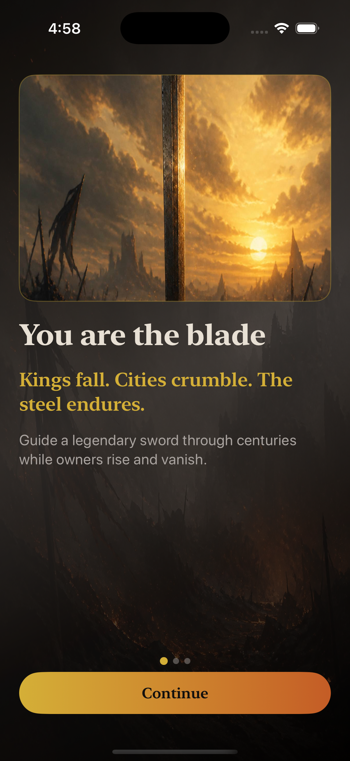 Onboarding screen in TheLastBladeHero