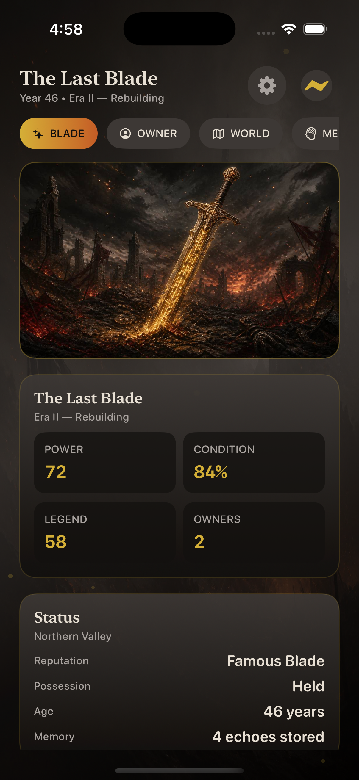 Blade hub with stats and influence